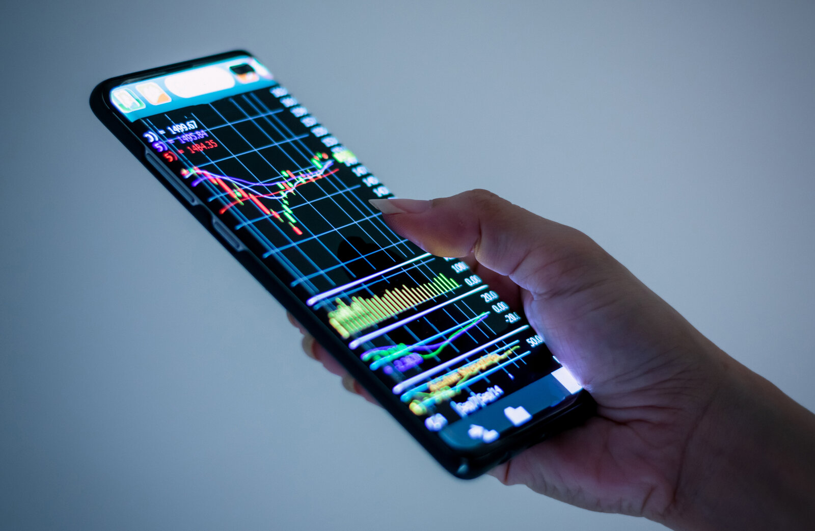Robinhood stock trading app Hand holding a phone showing a stock market chart in a trading app