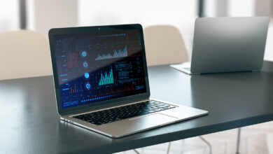 Reviewing an automated investment portfolio on a laptop